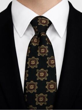 VTG Talbott Studio Silk Tie Italy Black Burgundy Taupe Medallion Foulard Classic